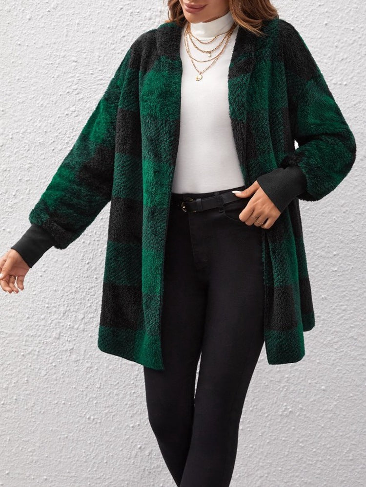 Women's Sweater Loose Plaid Color Stitching Knitted Cardigan