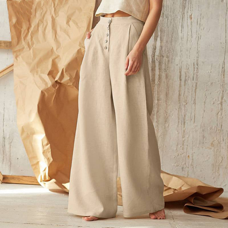 Trousers Ladies' Solid High Waist Casual Button Cotton And Linen Wide Leg Trousers