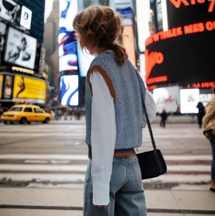 Wave Striped Sleeveless Knit Vest V-neck Color-block Vest old money