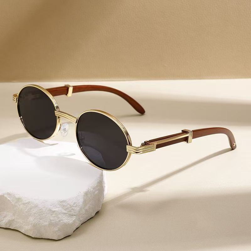 Old Money Metal Oval-frame Sunglasses With A Wood-grain Finish