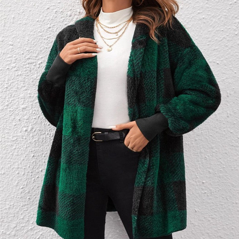 Women's Sweater Loose Plaid Color Stitching Knitted Cardigan