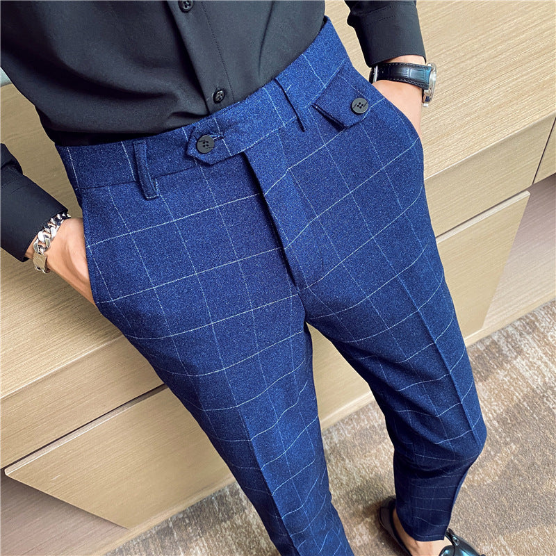Style British Classic Checkered Elegant Slim Fit Men's Best Man Pencil Pants Suit Pants