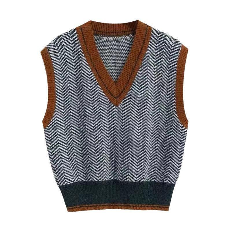 Wave Striped Sleeveless Knit Vest V-neck Color-block Vest old money