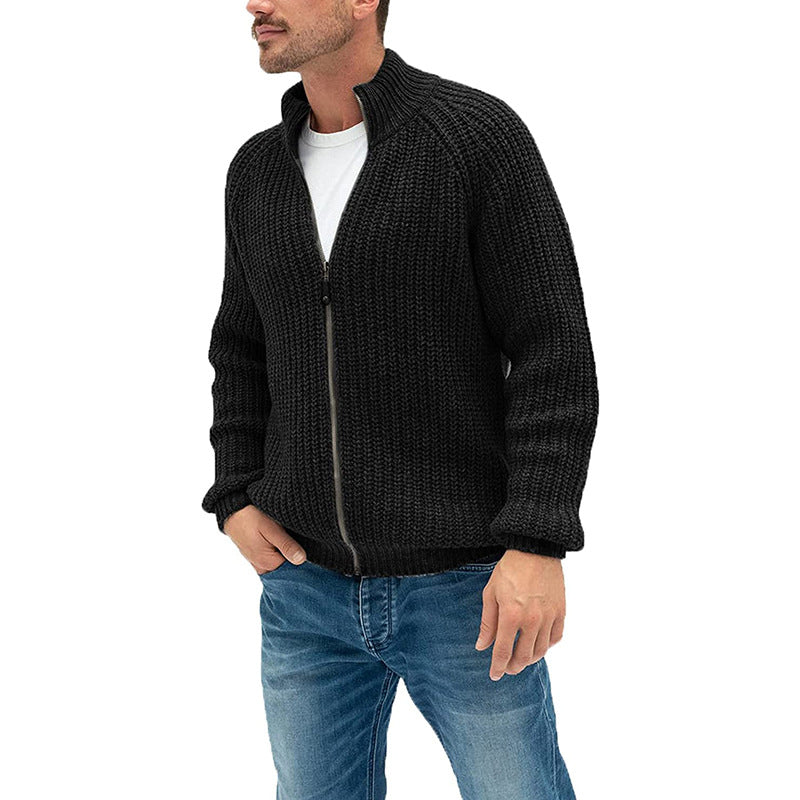 Old Money Sweater Cardigan Men's Solid Color Zipper Turtleneck Knit