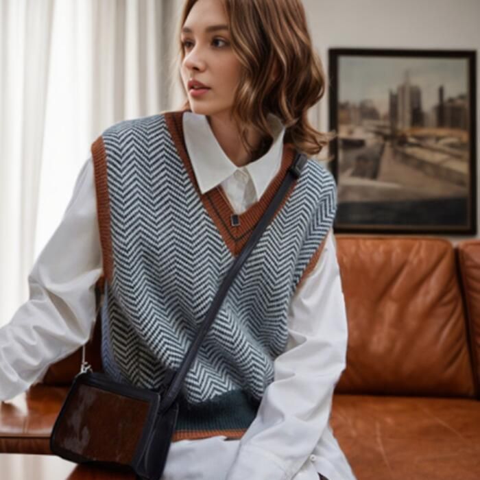 Wave Striped Sleeveless Knit Vest V-neck Color-block Vest old money