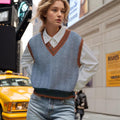 Wave Striped Sleeveless Knit Vest V-neck Color-block Vest old money