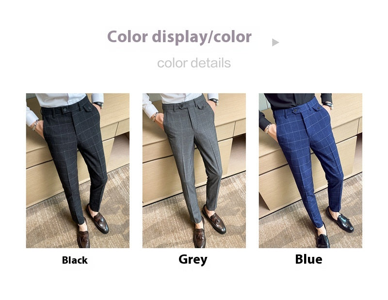 Style British Classic Checkered Elegant Slim Fit Men's Best Man Pencil Pants Suit Pants