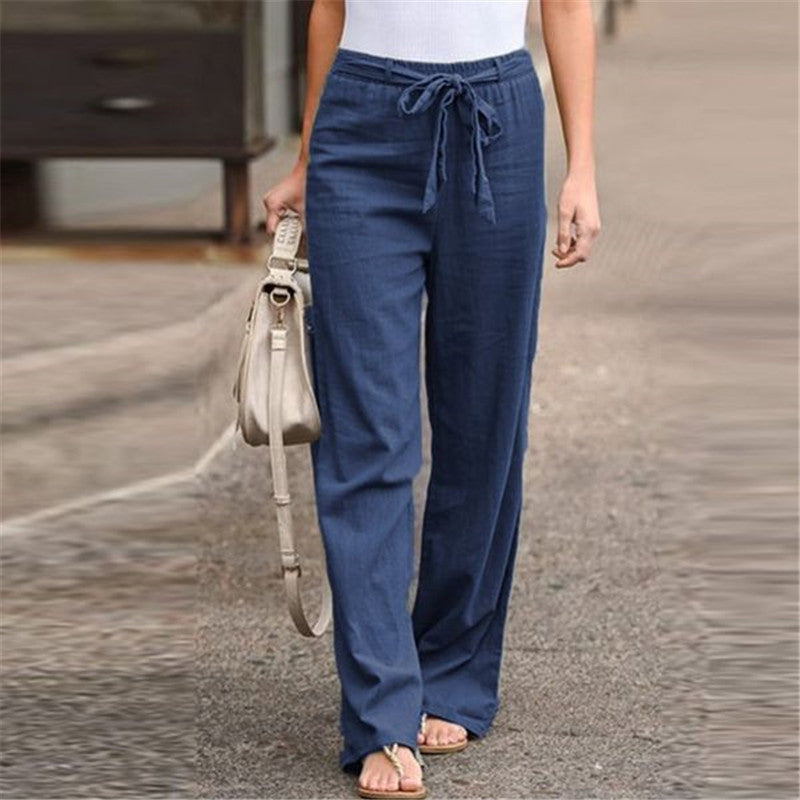 Cotton and linen loose waist slim trousers