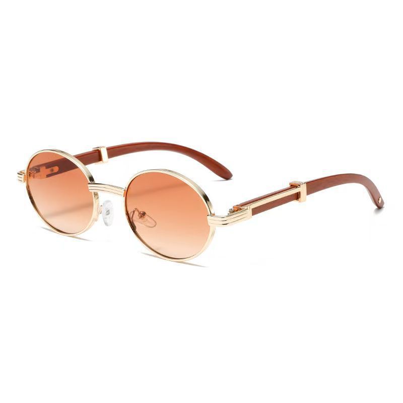 Old Money Metal Oval-frame Sunglasses With A Wood-grain Finish