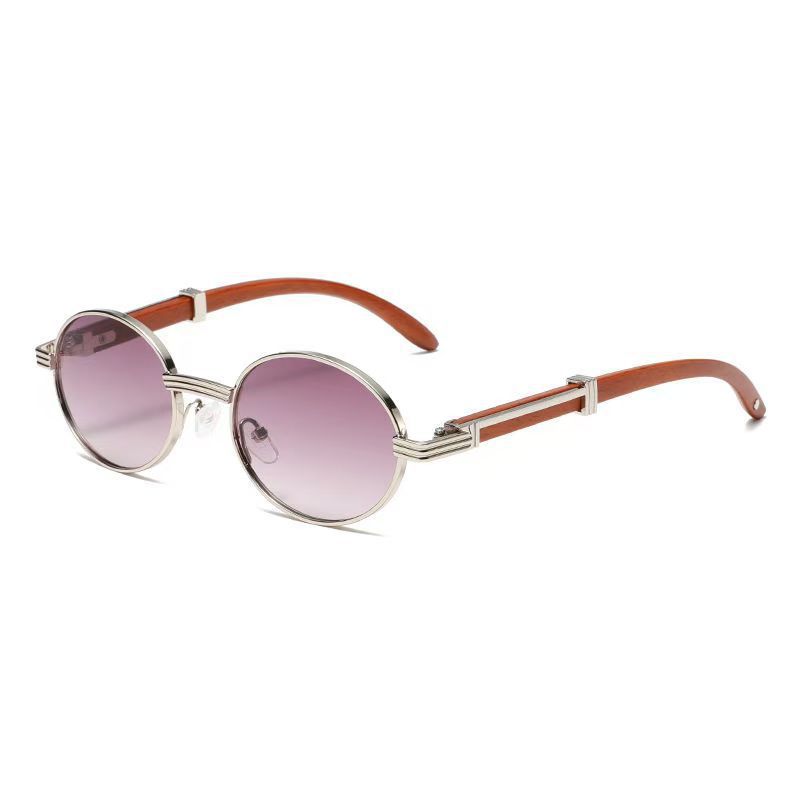 Old Money Metal Oval-frame Sunglasses With A Wood-grain Finish