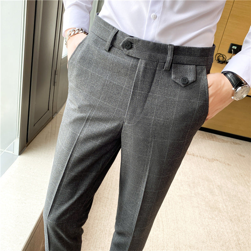 Style British Classic Checkered Elegant Slim Fit Men's Best Man Pencil Pants Suit Pants