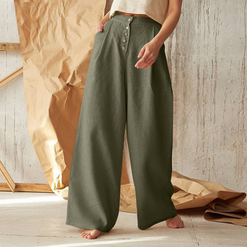 Trousers Ladies' Solid High Waist Casual Button Cotton And Linen Wide Leg Trousers