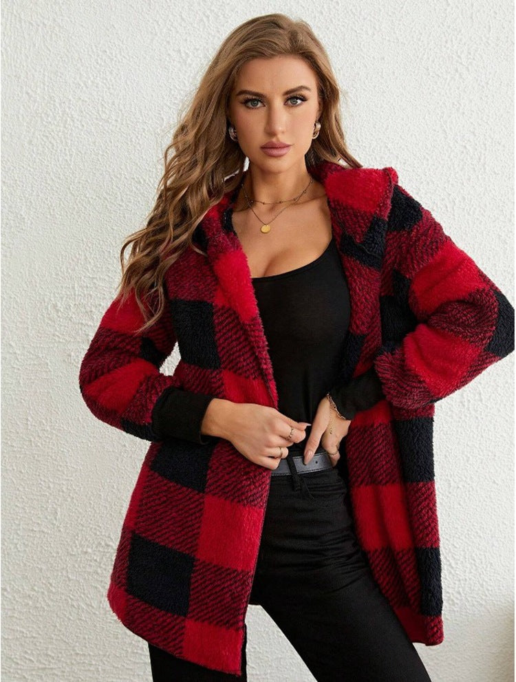 Women's Sweater Loose Plaid Color Stitching Knitted Cardigan