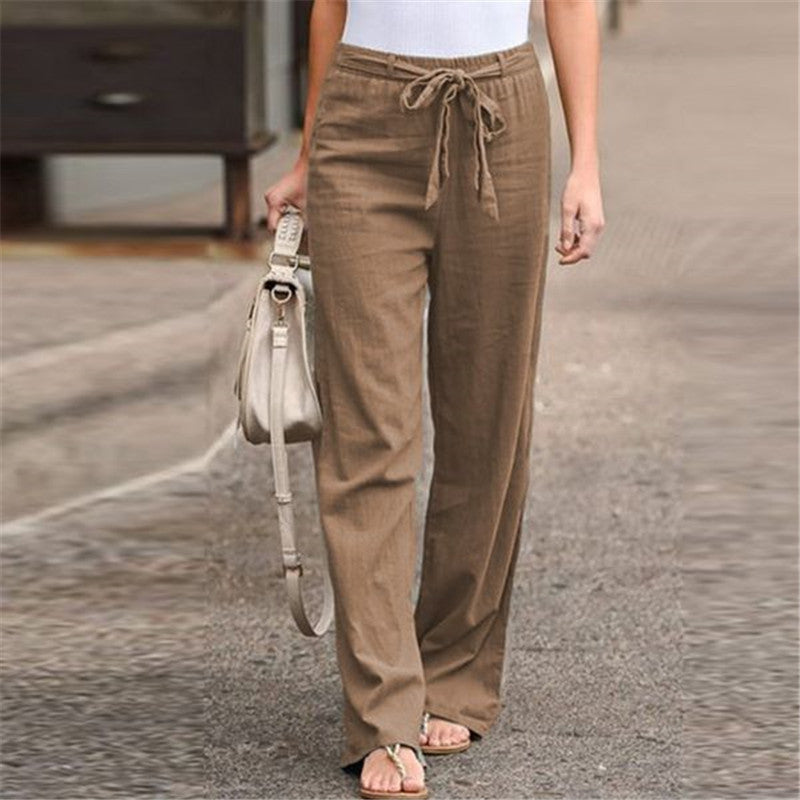 Cotton and linen loose waist slim trousers