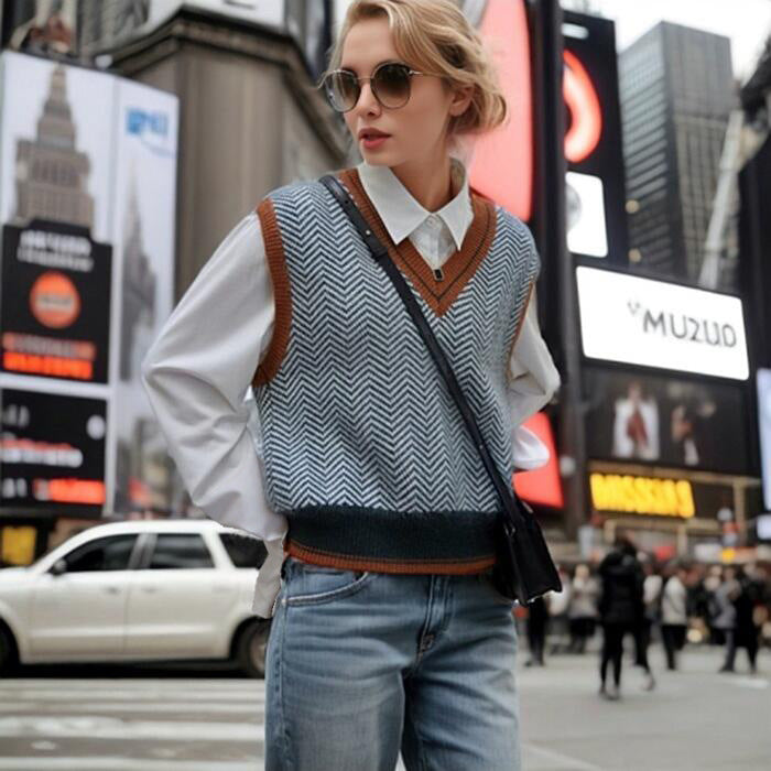 Wave Striped Sleeveless Knit Vest V-neck Color-block Vest old money