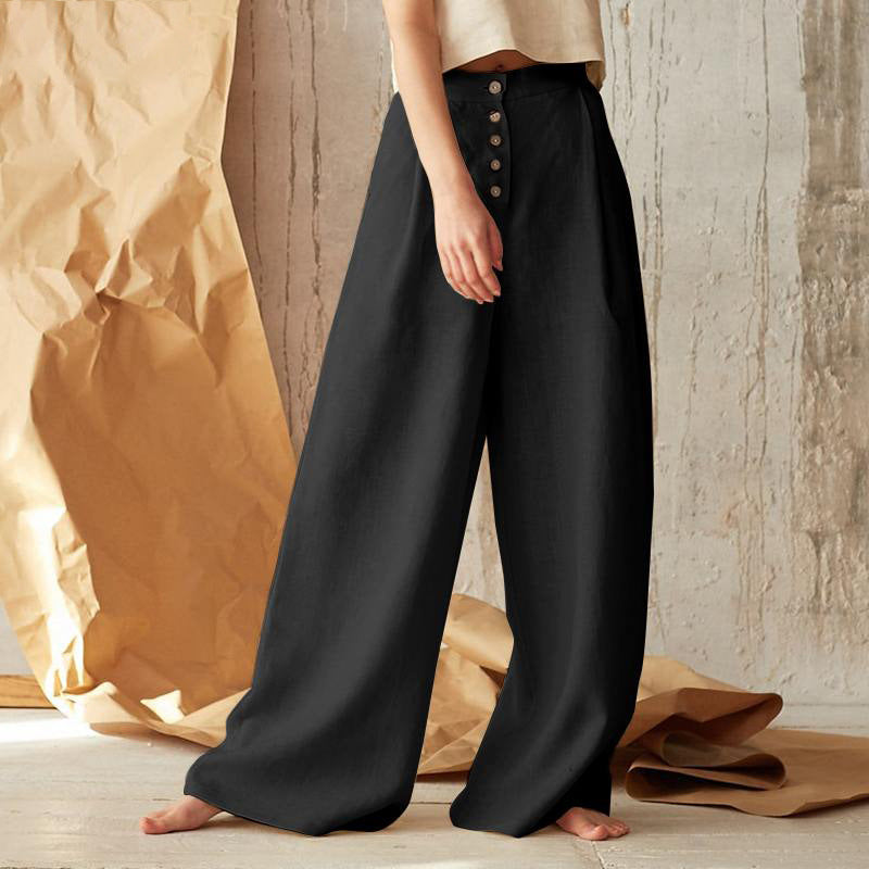 Trousers Ladies' Solid High Waist Casual Button Cotton And Linen Wide Leg Trousers