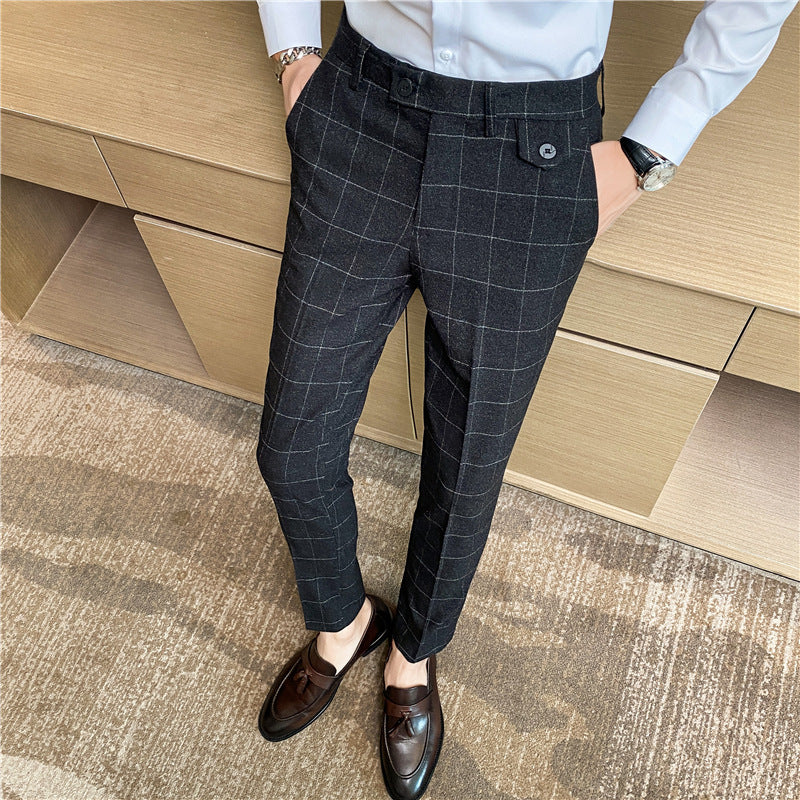 Style British Classic Checkered Elegant Slim Fit Men's Best Man Pencil Pants Suit Pants