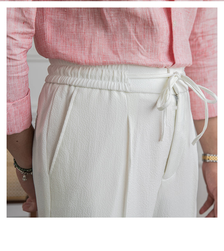 Old Money Lightweight Breathable Seersucker Single Pleated No-iron Drawstring Men's Casual Pants