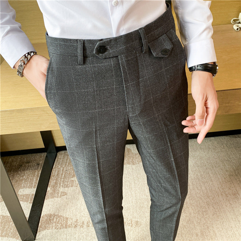 Style British Classic Checkered Elegant Slim Fit Men's Best Man Pencil Pants Suit Pants