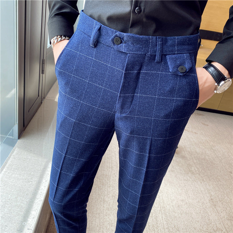 Style British Classic Checkered Elegant Slim Fit Men's Best Man Pencil Pants Suit Pants