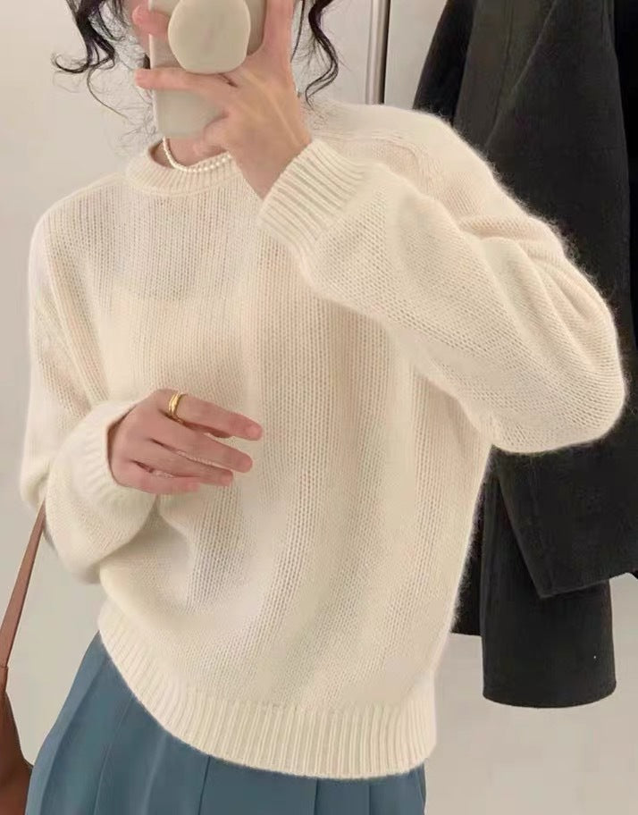 Loose Round Neck Pullover Wool Sweater old money Women's