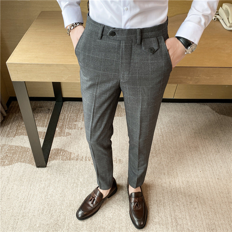 Style British Classic Checkered Elegant Slim Fit Men's Best Man Pencil Pants Suit Pants