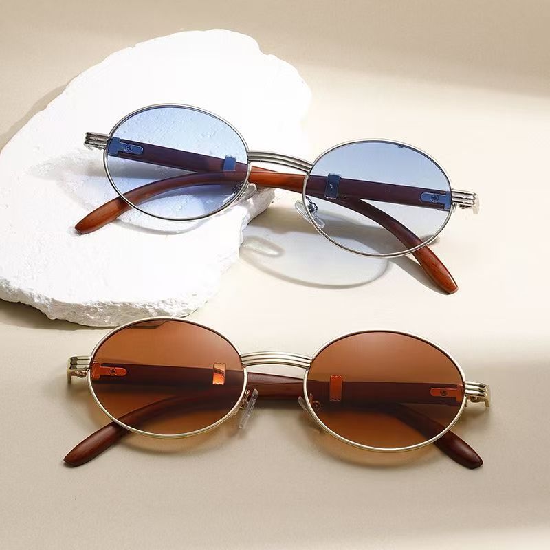 Old Money Metal Oval-frame Sunglasses With A Wood-grain Finish