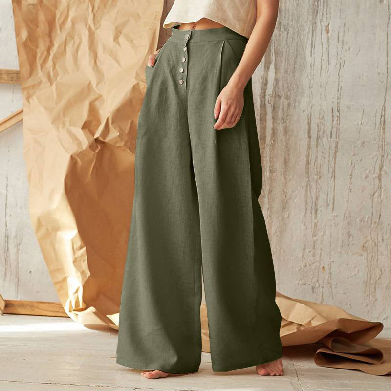 Trousers Ladies' Solid High Waist Casual Button Cotton And Linen Wide Leg Trousers