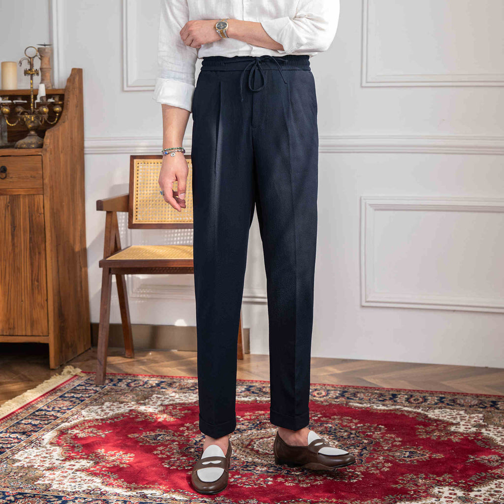 Old Money Lightweight Breathable Seersucker Single Pleated No-iron Drawstring Men's Casual Pants