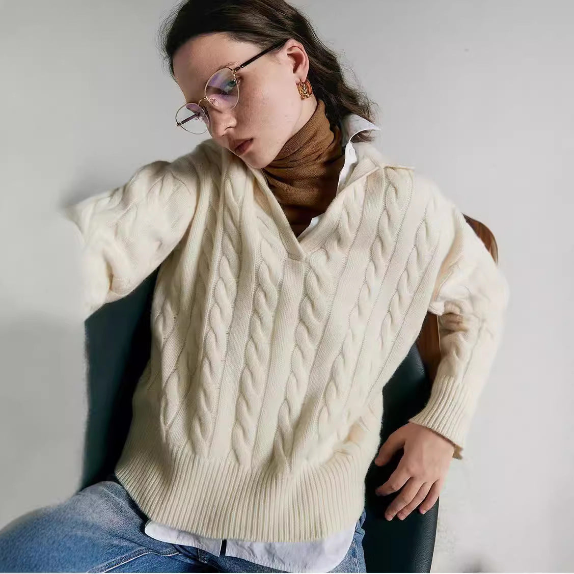 Old Money Style Polo Collar Sweater Style Pure Wool Lazy