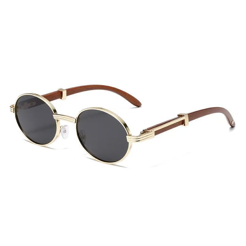 Old Money Metal Oval-frame Sunglasses With A Wood-grain Finish