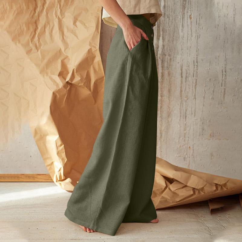 Trousers Ladies' Solid High Waist Casual Button Cotton And Linen Wide Leg Trousers